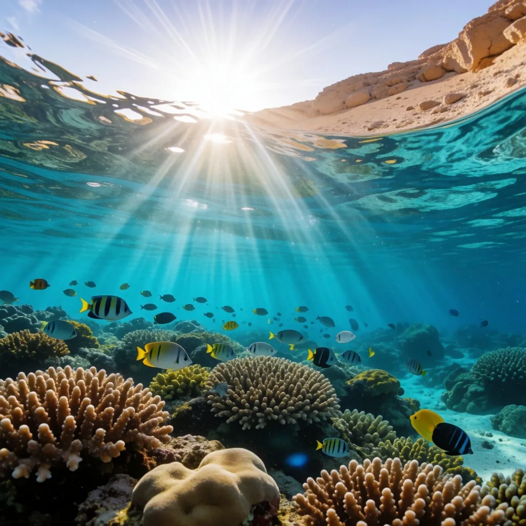 Coral reef along a desert coastline in clear water
