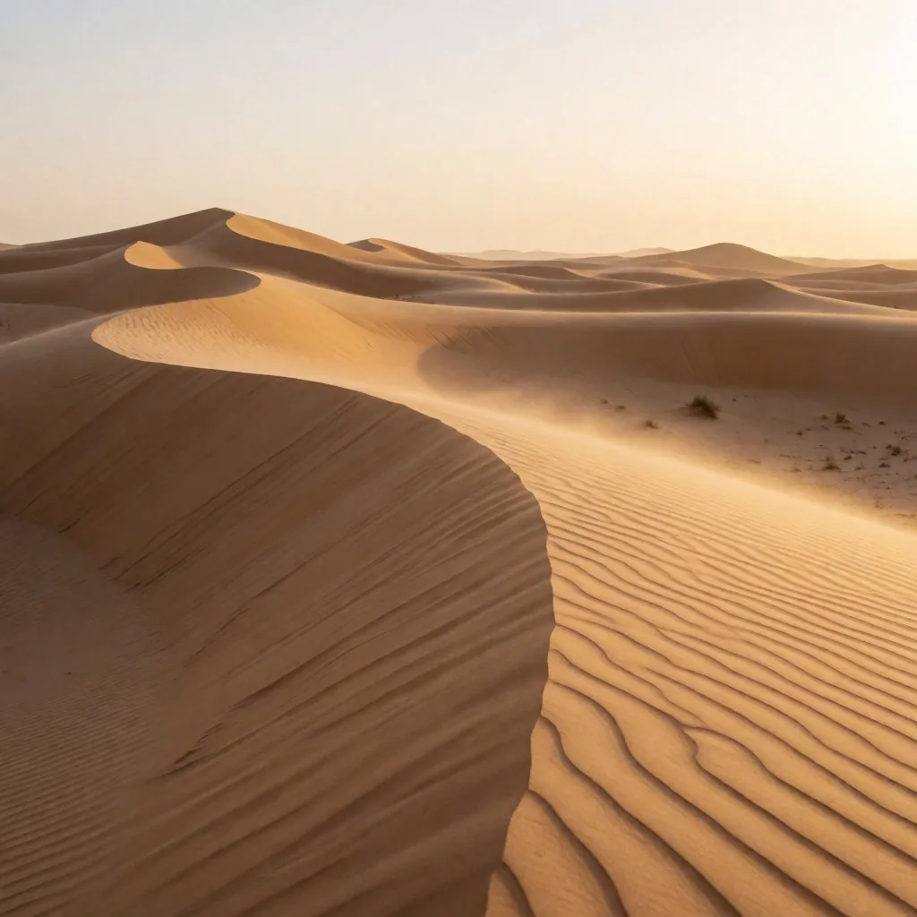 Wind-rippled sand dunes with sparse desert vegetation at dawn
