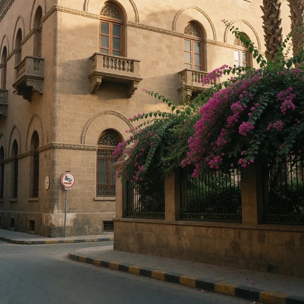 A sunlit limestone facade in Cairo with a palm tree casting shadows