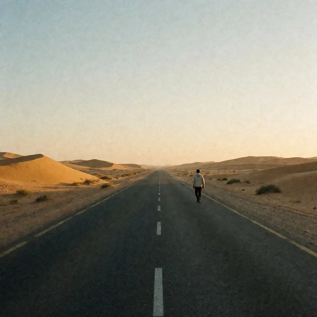 Desert road at dawn with a walking figure in a light jacket