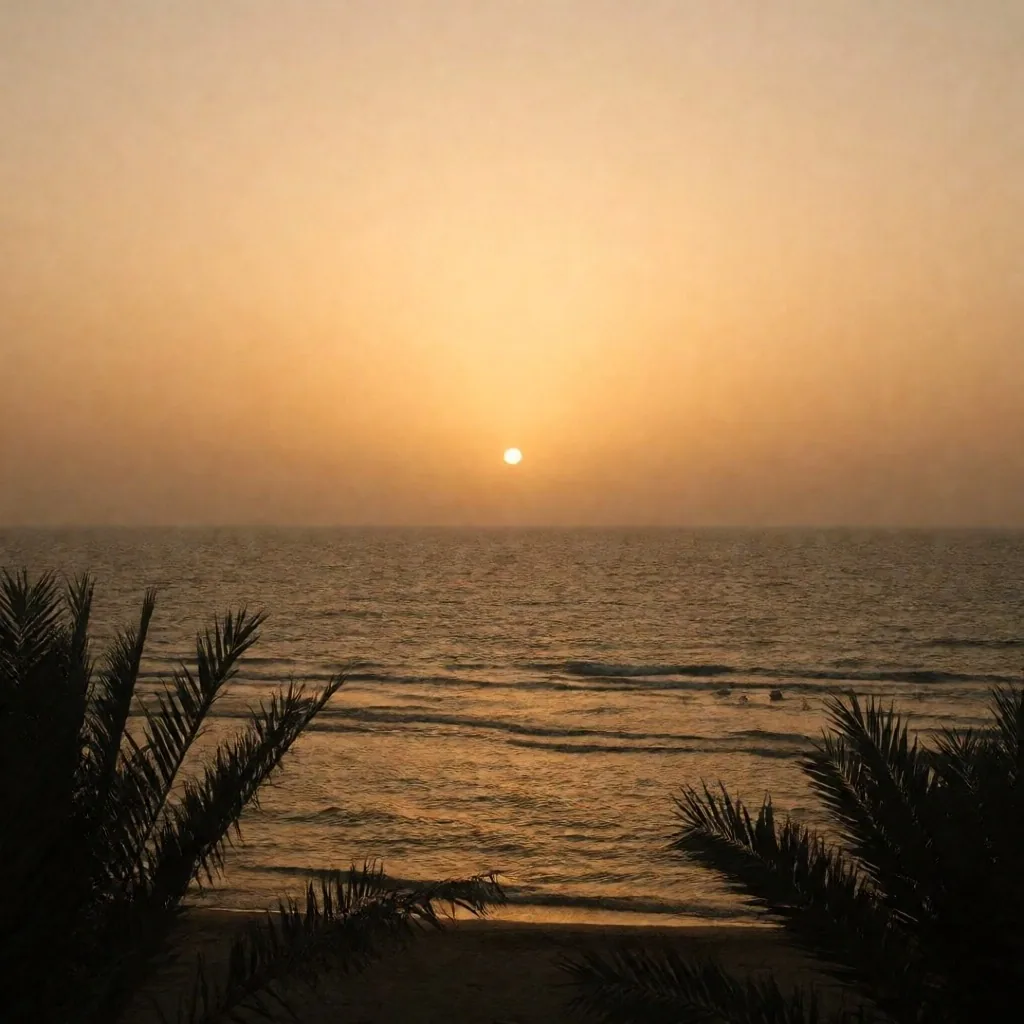 Sunset over the sea with palm fronds in silhouette