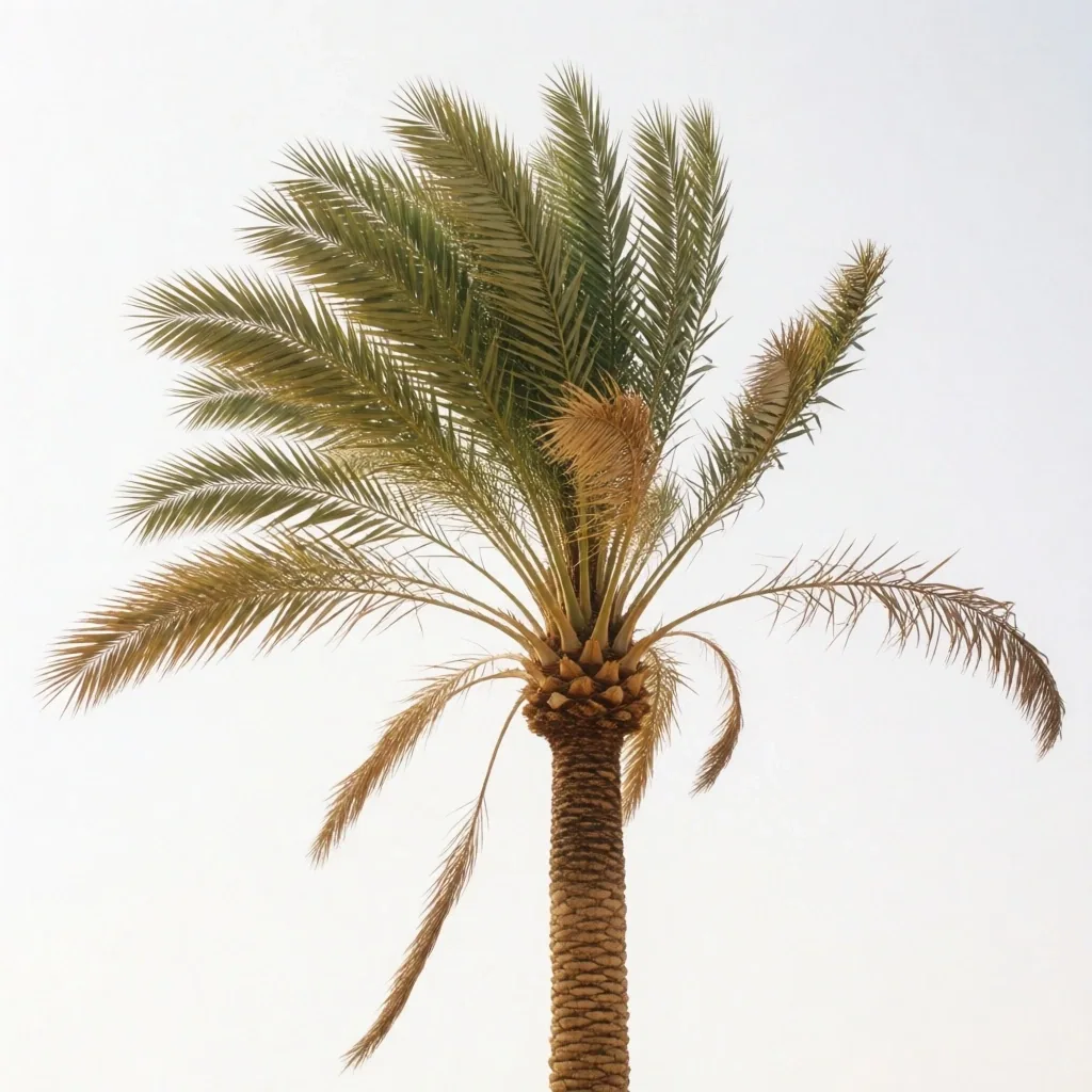 Tall date palm against a sun-bleached sky