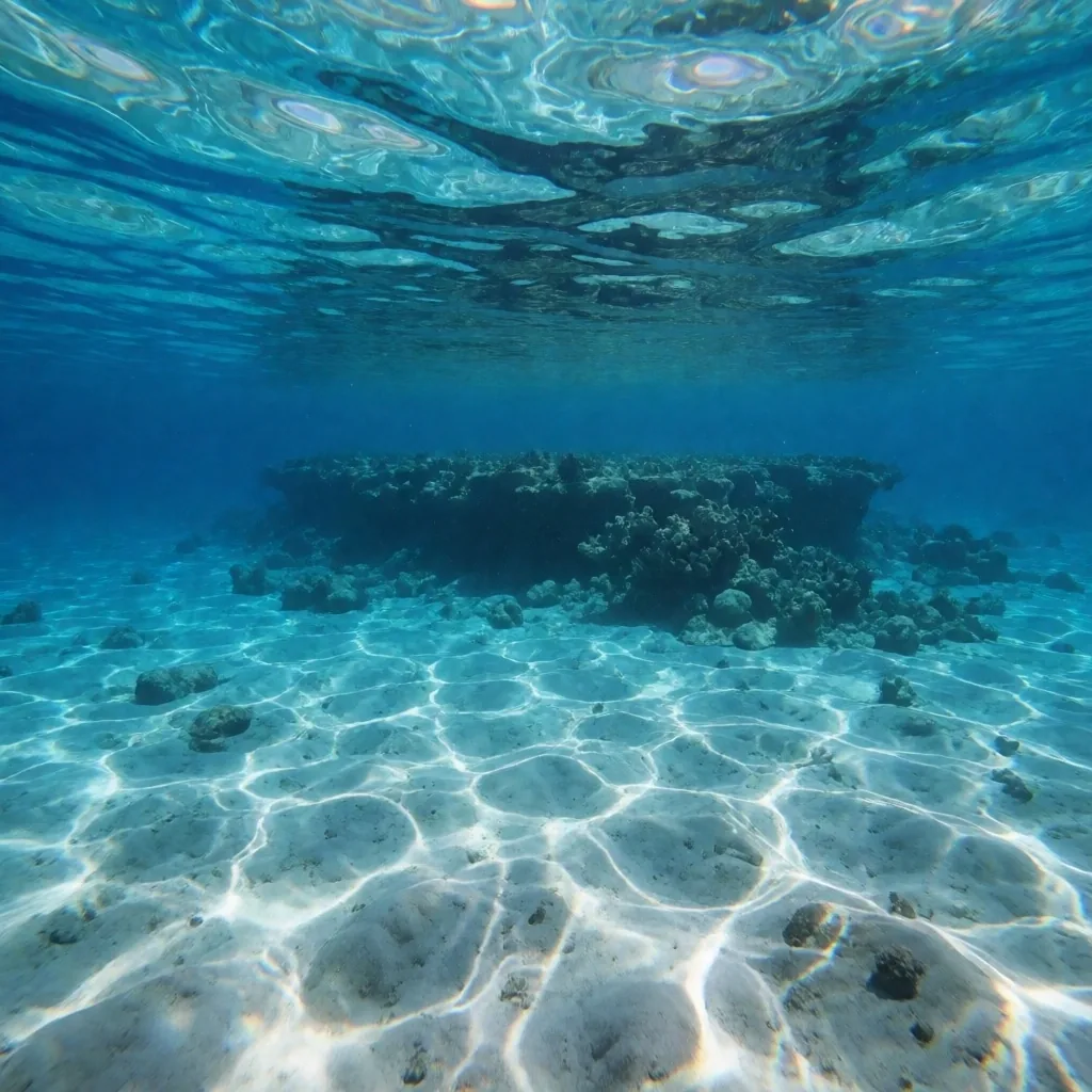 Clear sea water showing light rays and visible seabed below the surface