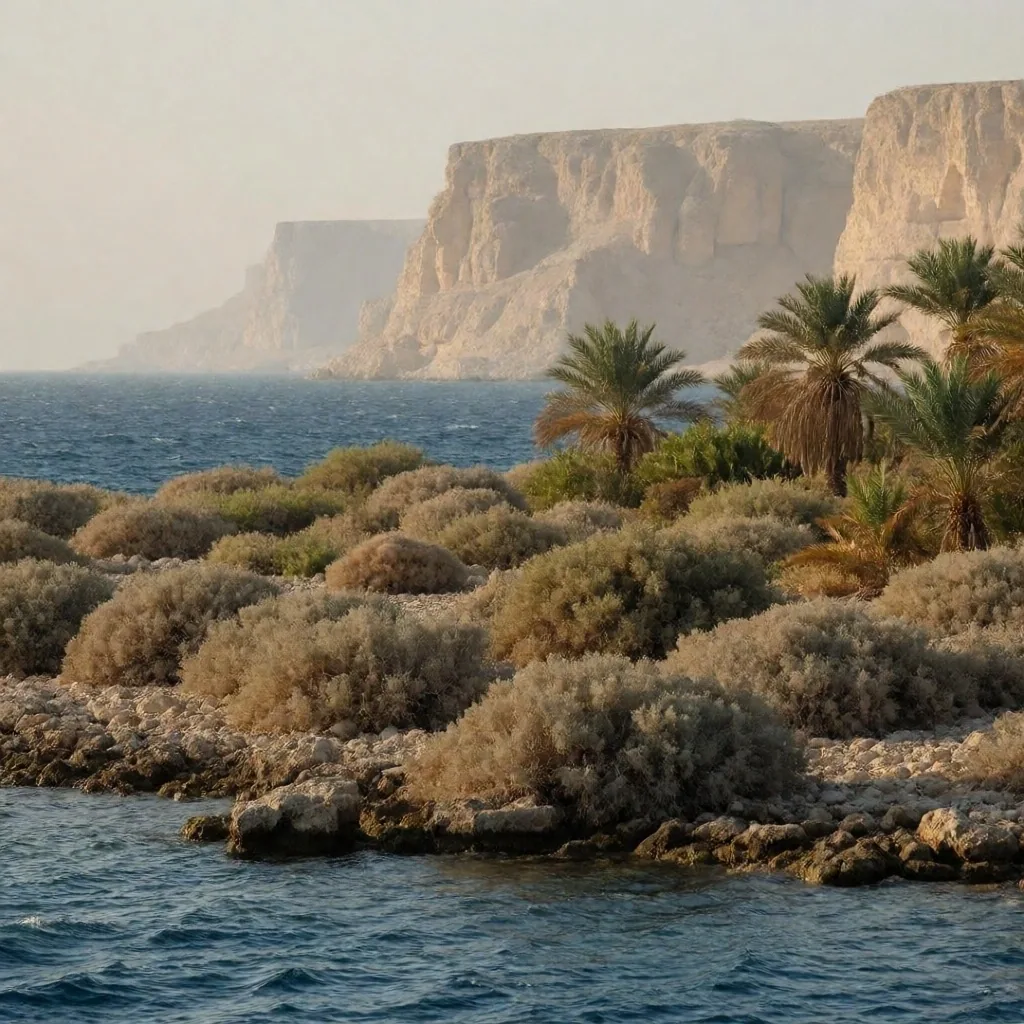 Coastline with palm trees and clear sea water under late afternoon sun