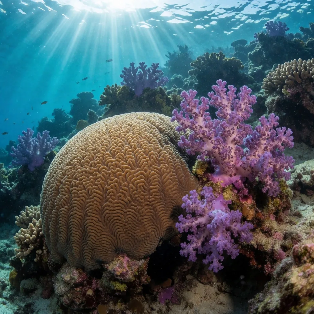Coral reef formation with branching corals and reef fish in clear water