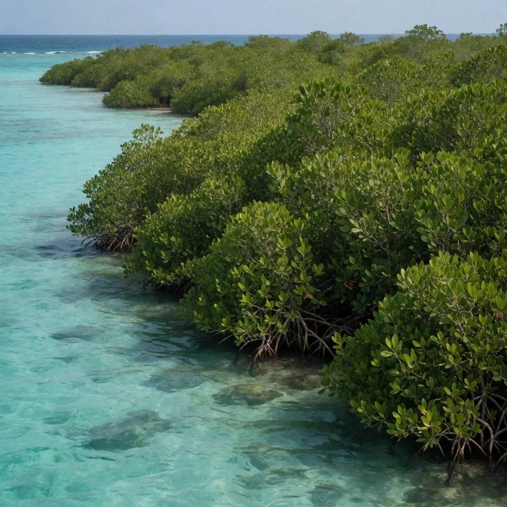 Mangrove trees with exposed roots at the water's edge