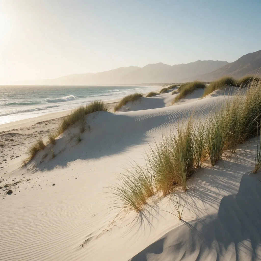 Sandy beach with coastal dunes and hardy grasses under bright sky