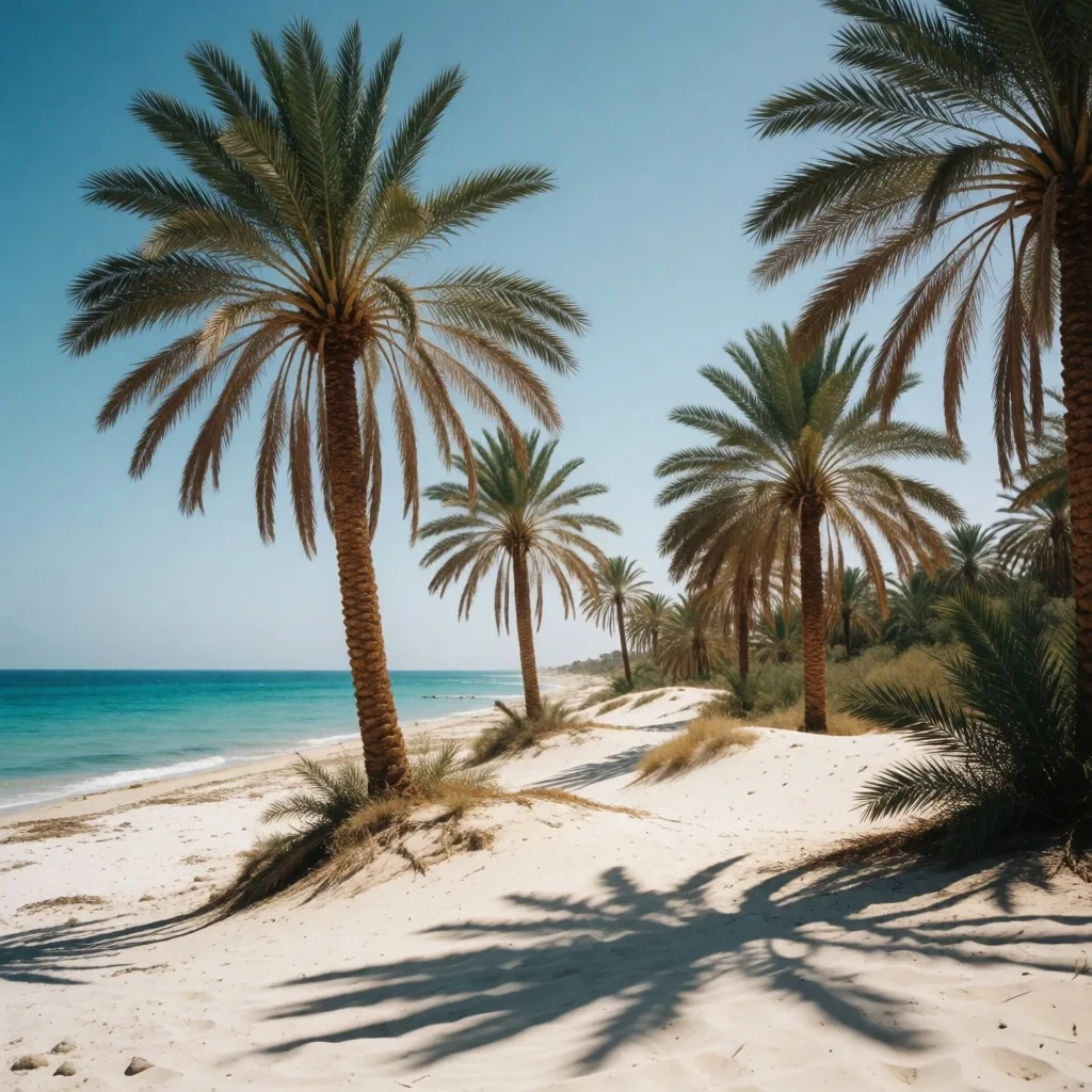 Palm trees along a desert coast at midday