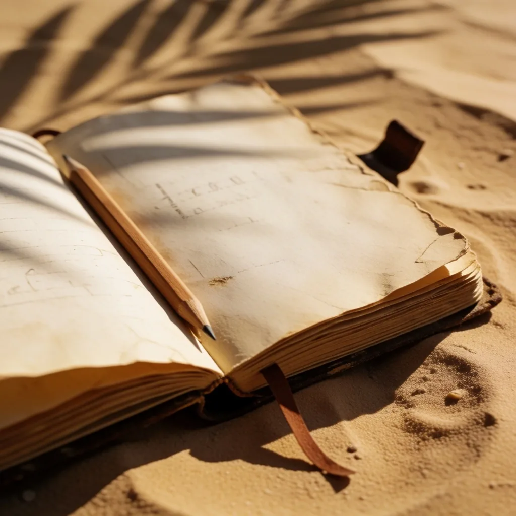 A travel journal with hand-written notes resting on sandstone
