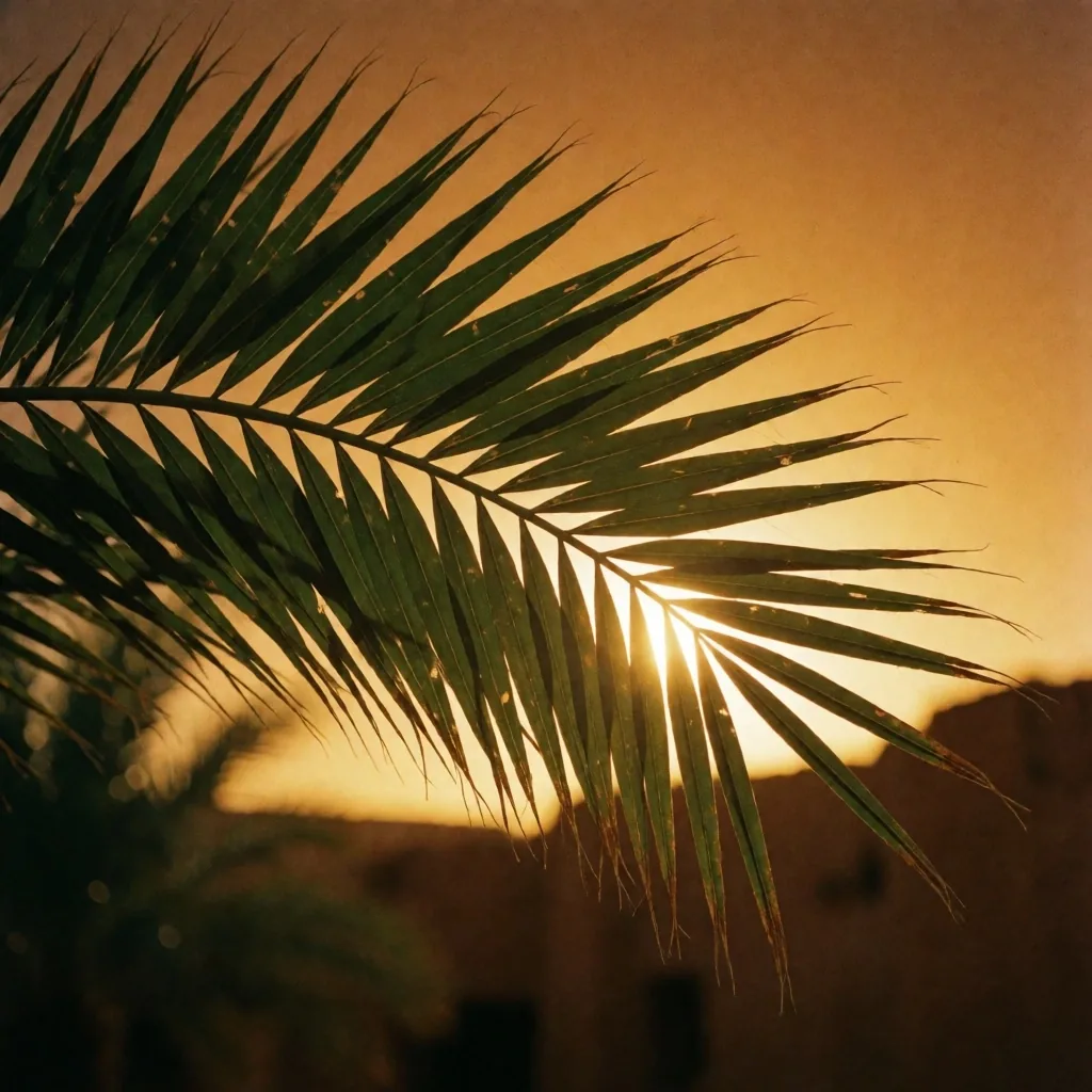 Date palm fronds silhouetted against an amber sunset