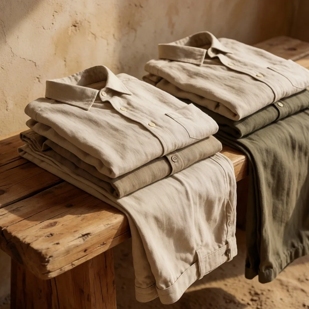 Folded linen garments in muted earth tones on wood