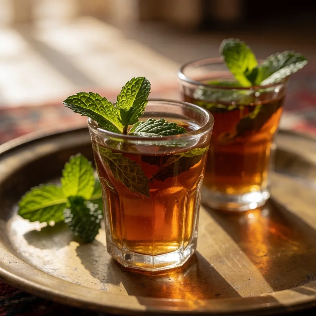 Glass of tea on a brass tray with mint