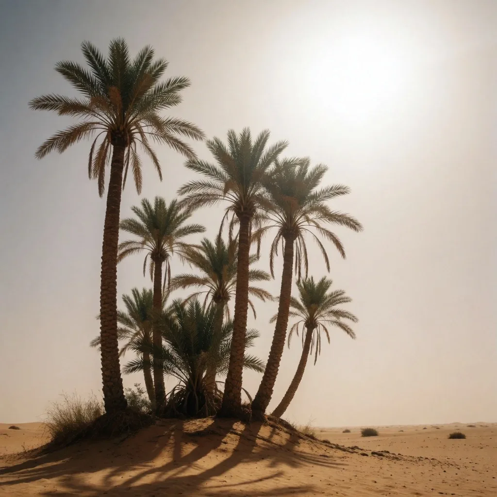 Palm trees under a hazy desert sky