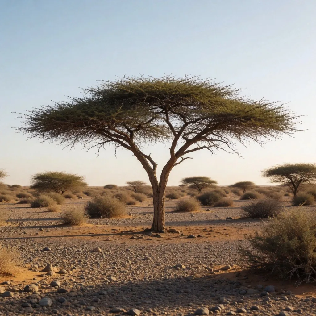 A solitary acacia tree casting long shadows across a gravel plain