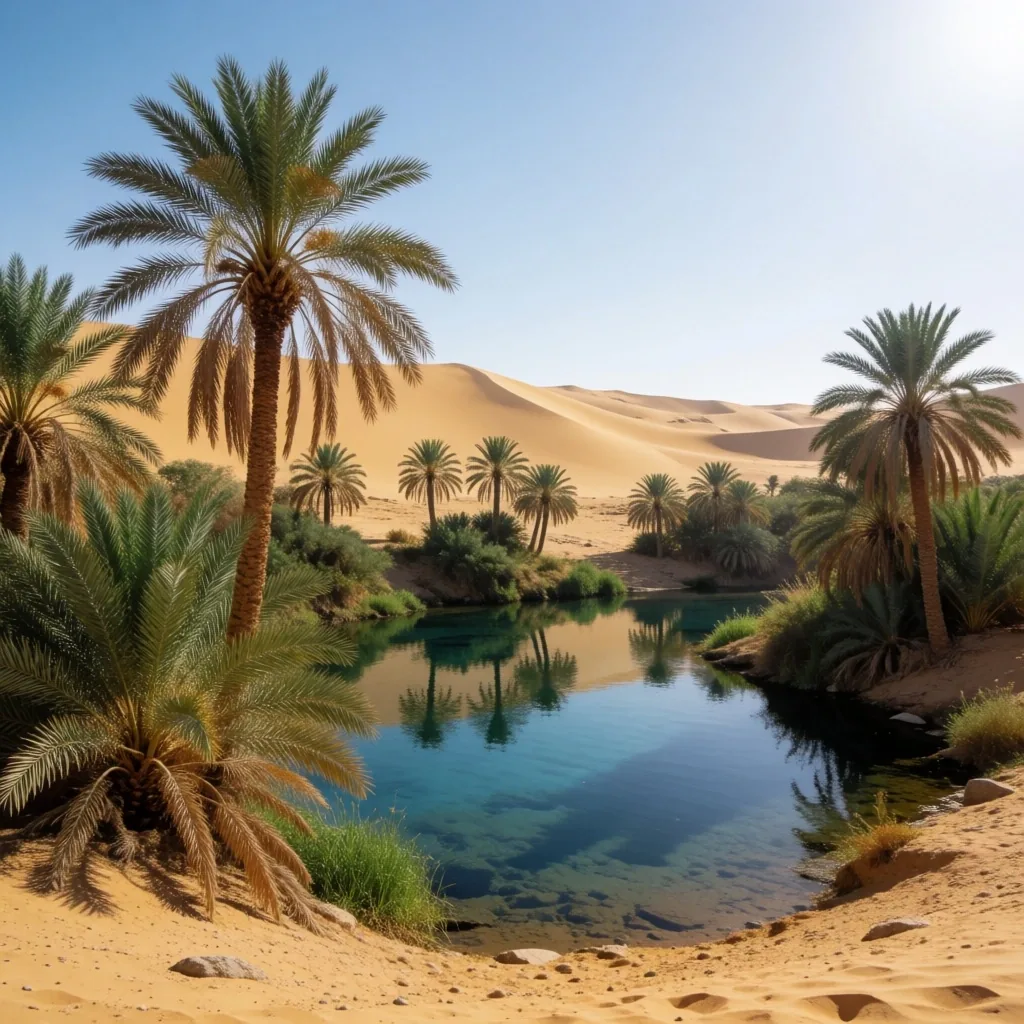 Date palms clustered around a natural spring in the desert
