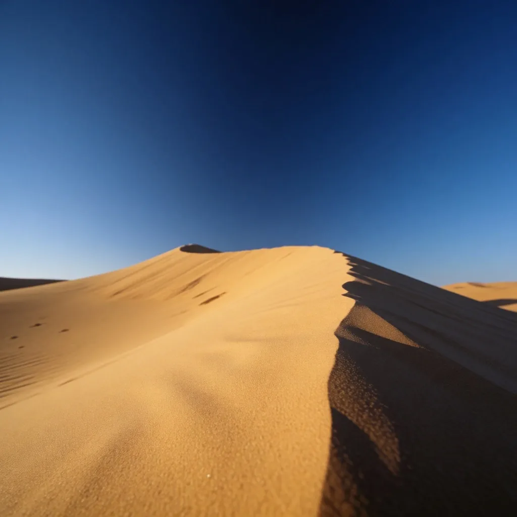 Rolling sand dunes stretching toward a distant plateau under late afternoon sun