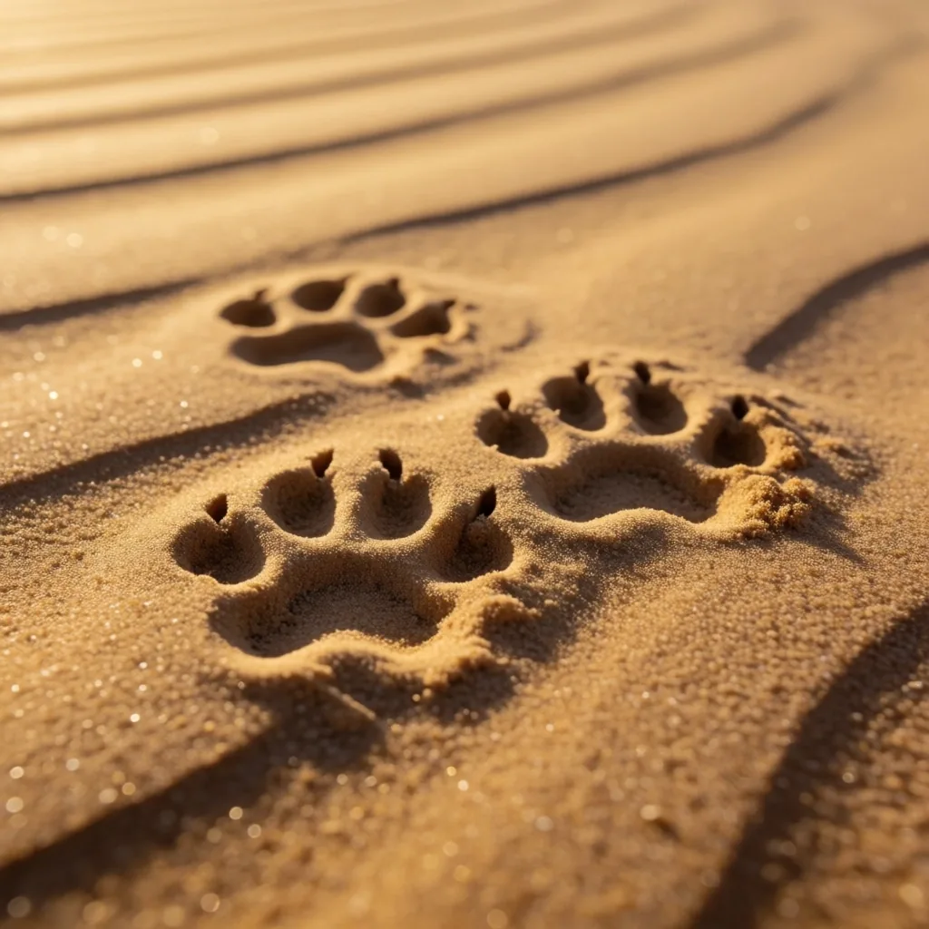 Small animal tracks pressed into wind-rippled sand at dawn
