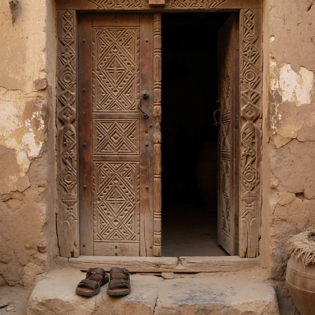 Carved wooden doorway with sandals at entrance
