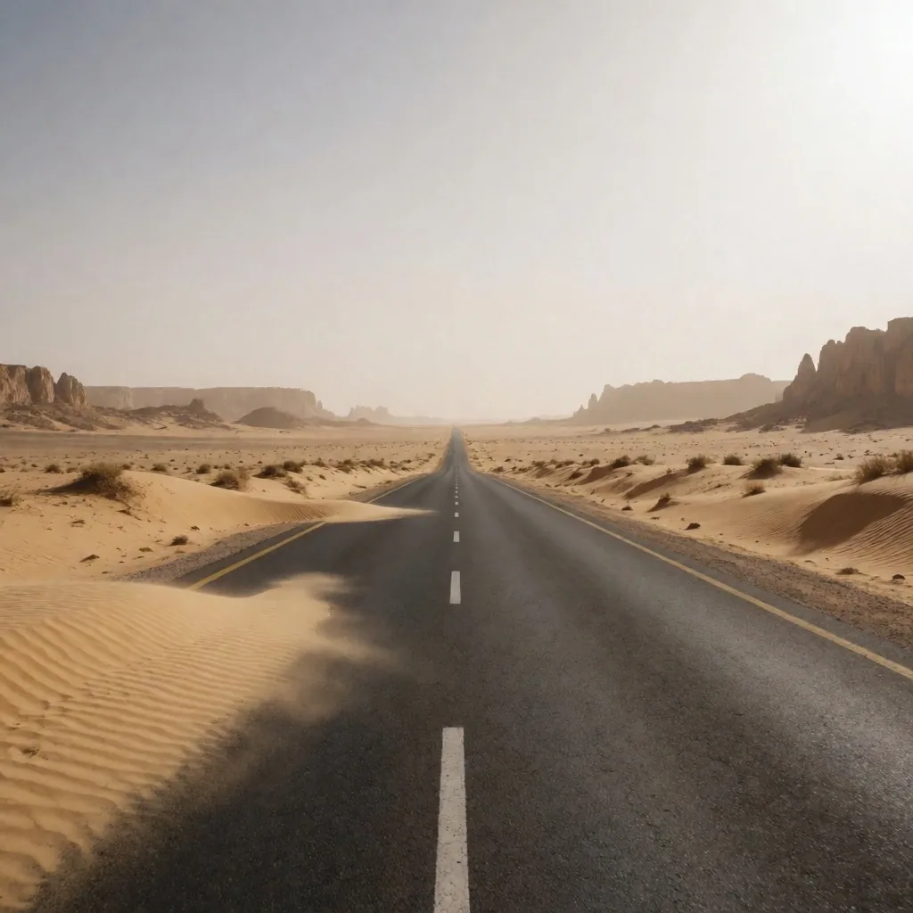 Desert highway under hazy sky