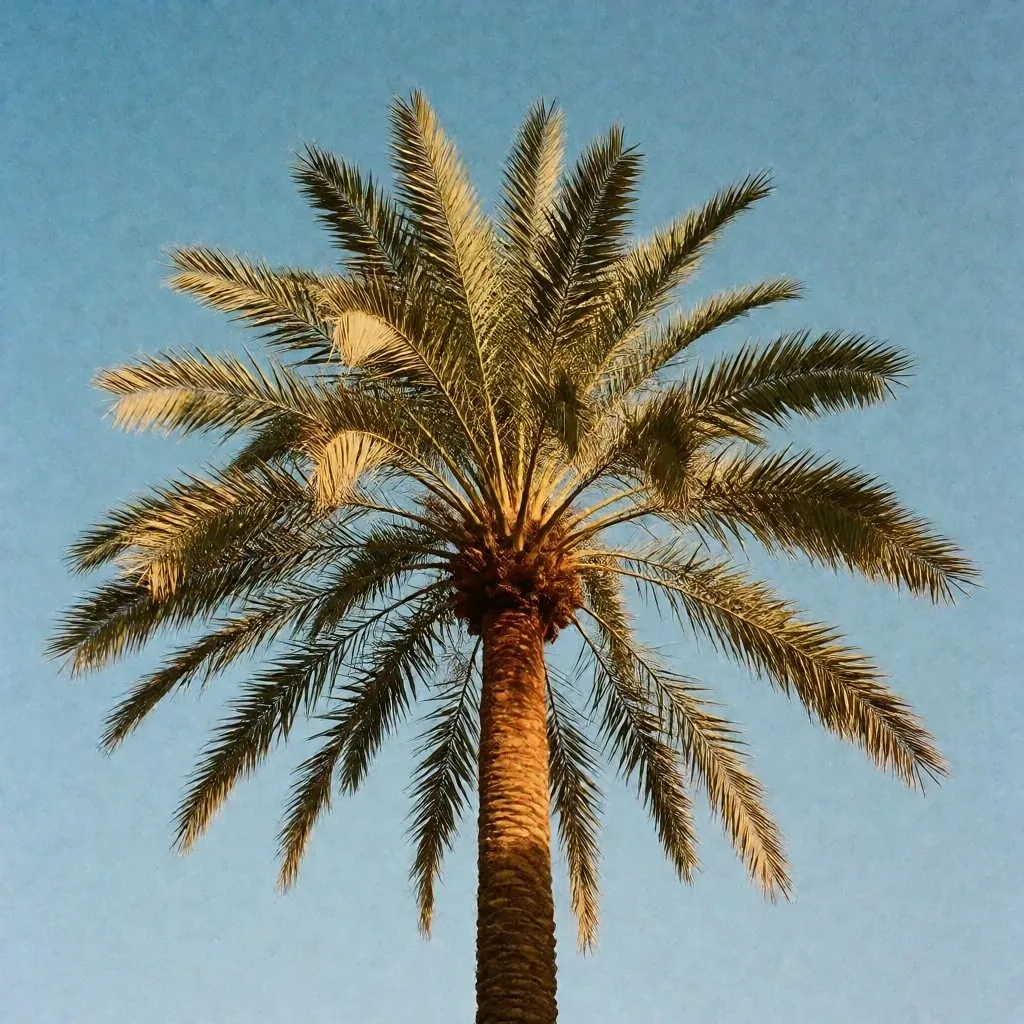 Date palm tree reaching toward a sunlit sky