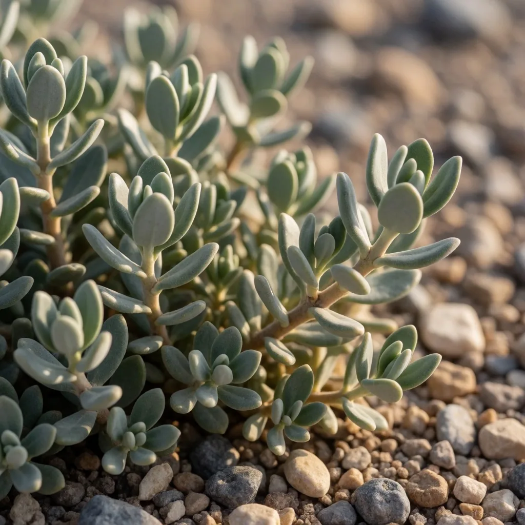 Desert shrubs with waxy leaves on a gravel plain