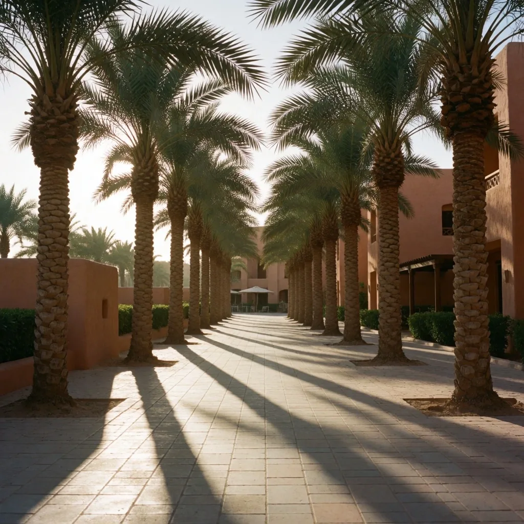 Palm trees lining a walkway in a coastal area