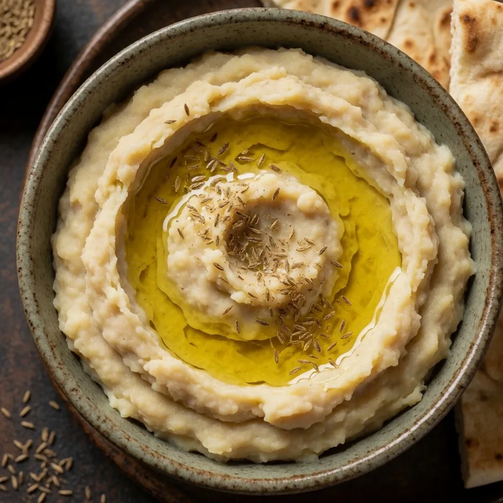Bowl of mashed fava beans with olive oil