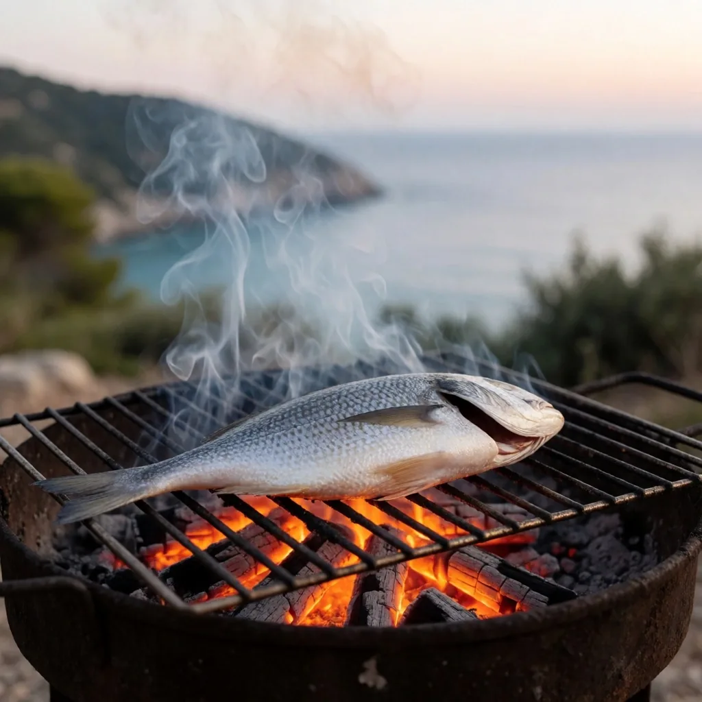 Grilled fish over charcoal near the coast