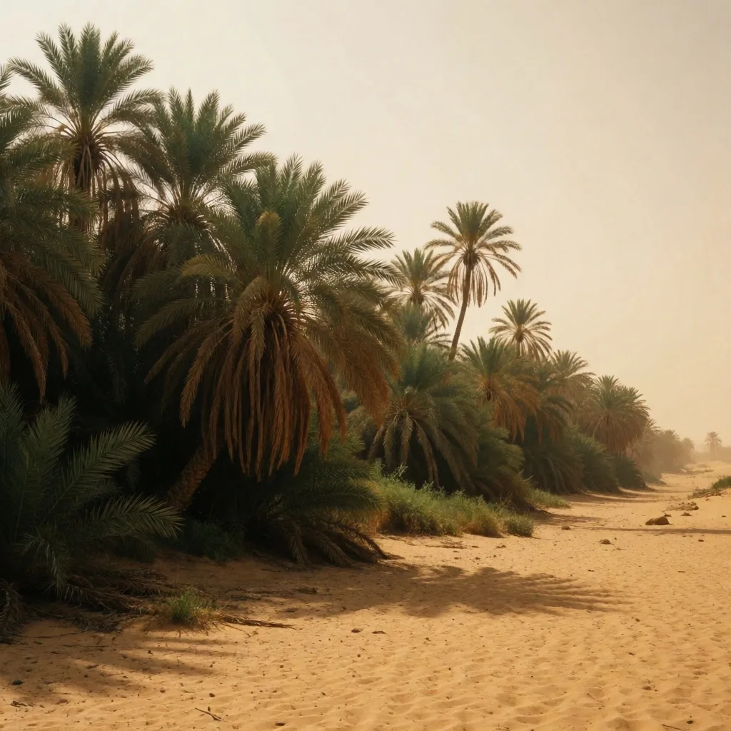 Palm trees against a hazy desert horizon