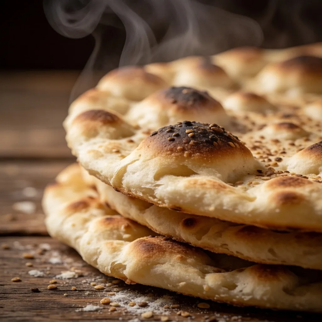 Round flatbread loaves stacked on wood
