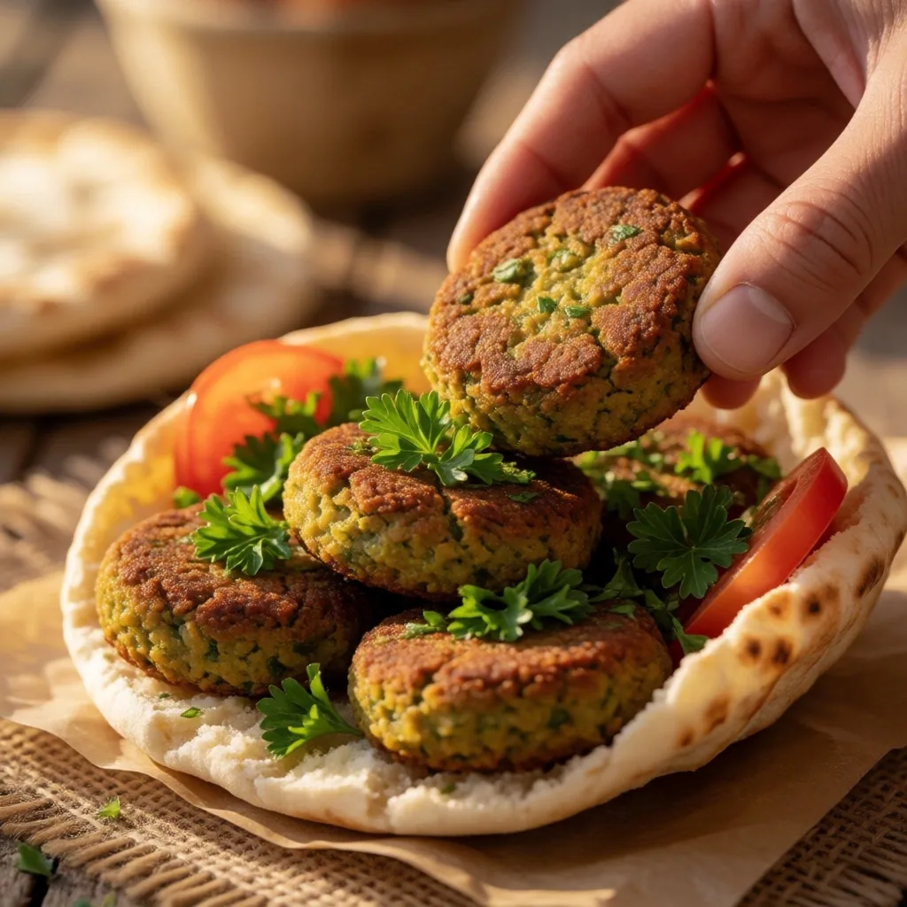 Street food stall preparing falafel sandwiches