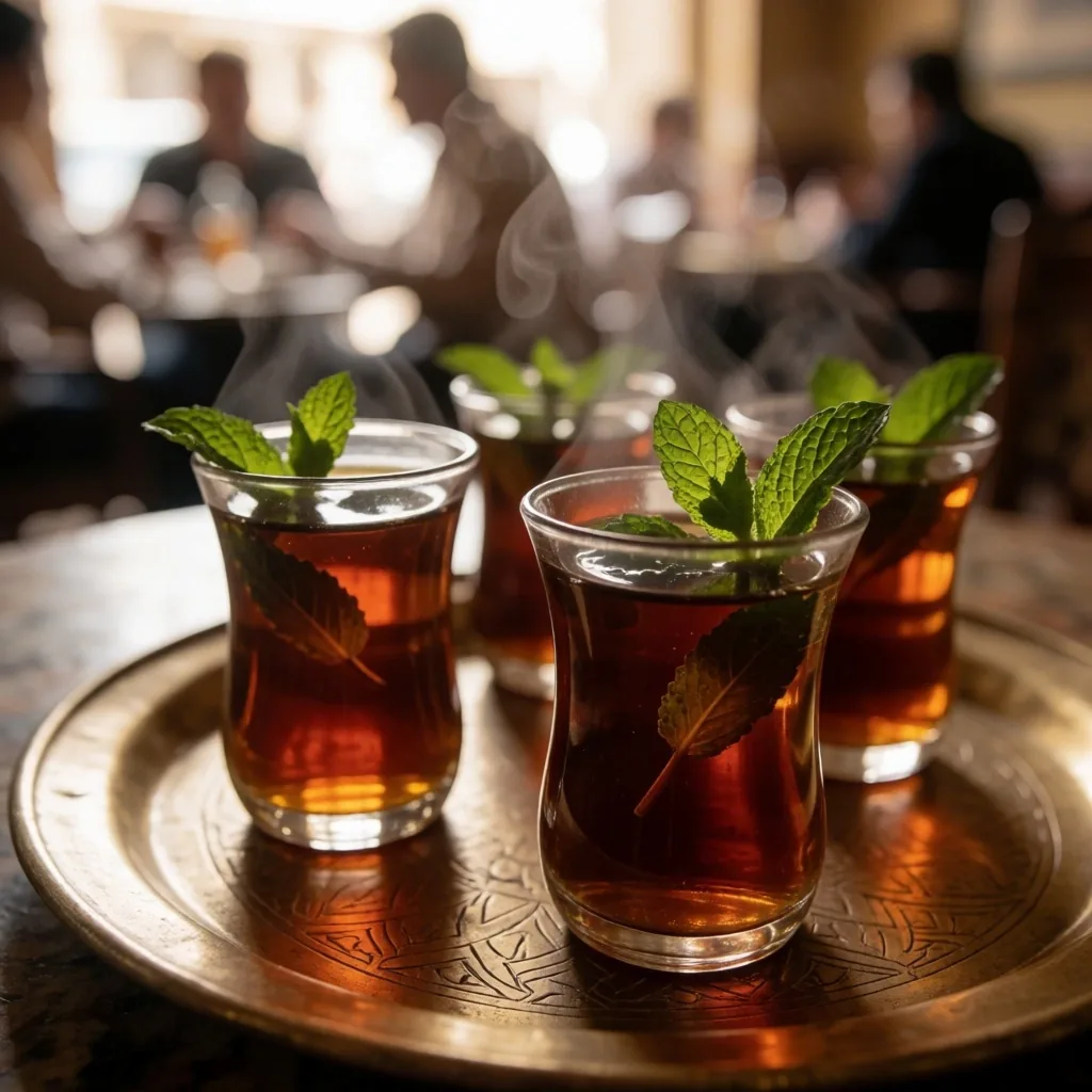 Tea glasses and coffee pot on a brass tray