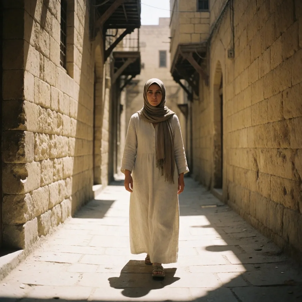 A traveler in modest clothing walking through a sunlit alley