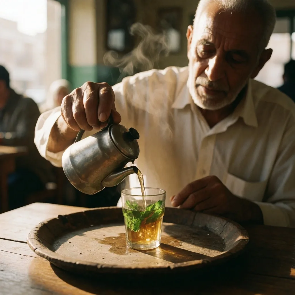 An older man pouring tea in warm afternoon light