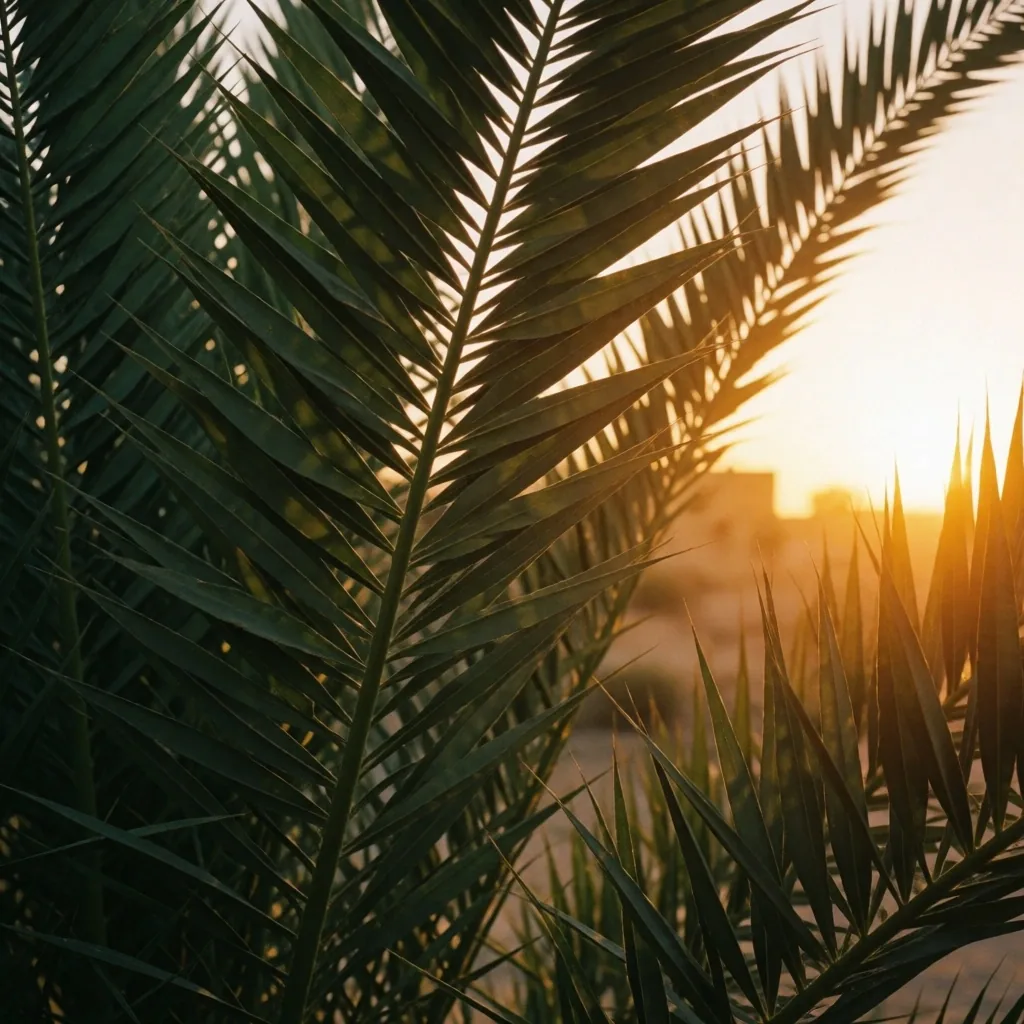 Date palm fronds against an amber sky