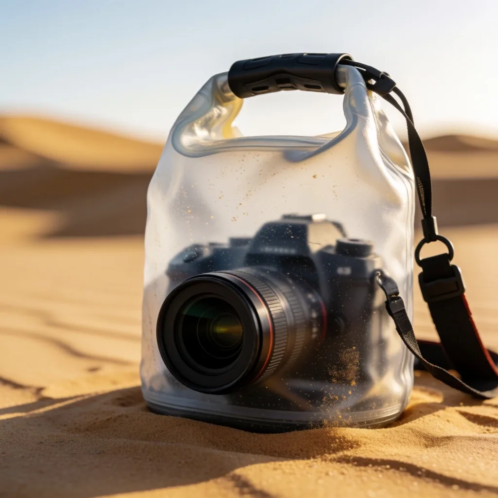 Dry bags and sealed pouches on sand