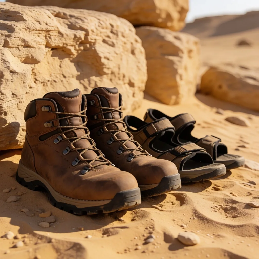 Hiking boots and sandals on sandy ground
