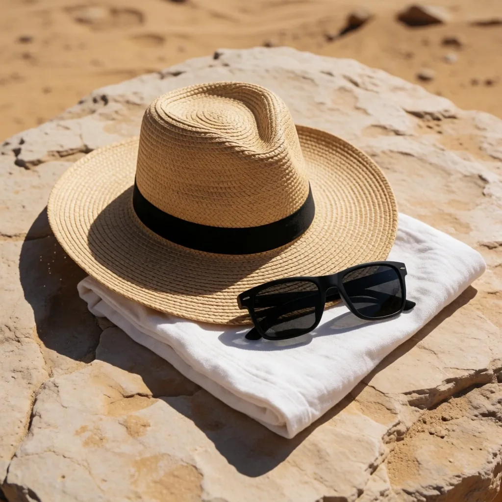 Sun hat and sunglasses on linen