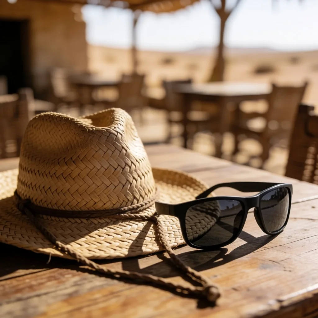 Wide-brim hat, scarf, and sunglasses on stone