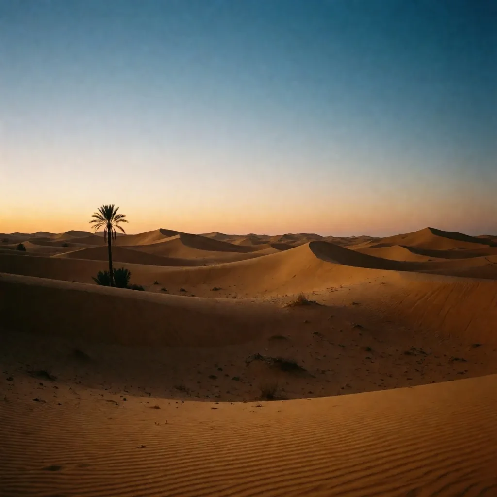 Desert horizon at dusk with a single palm silhouette