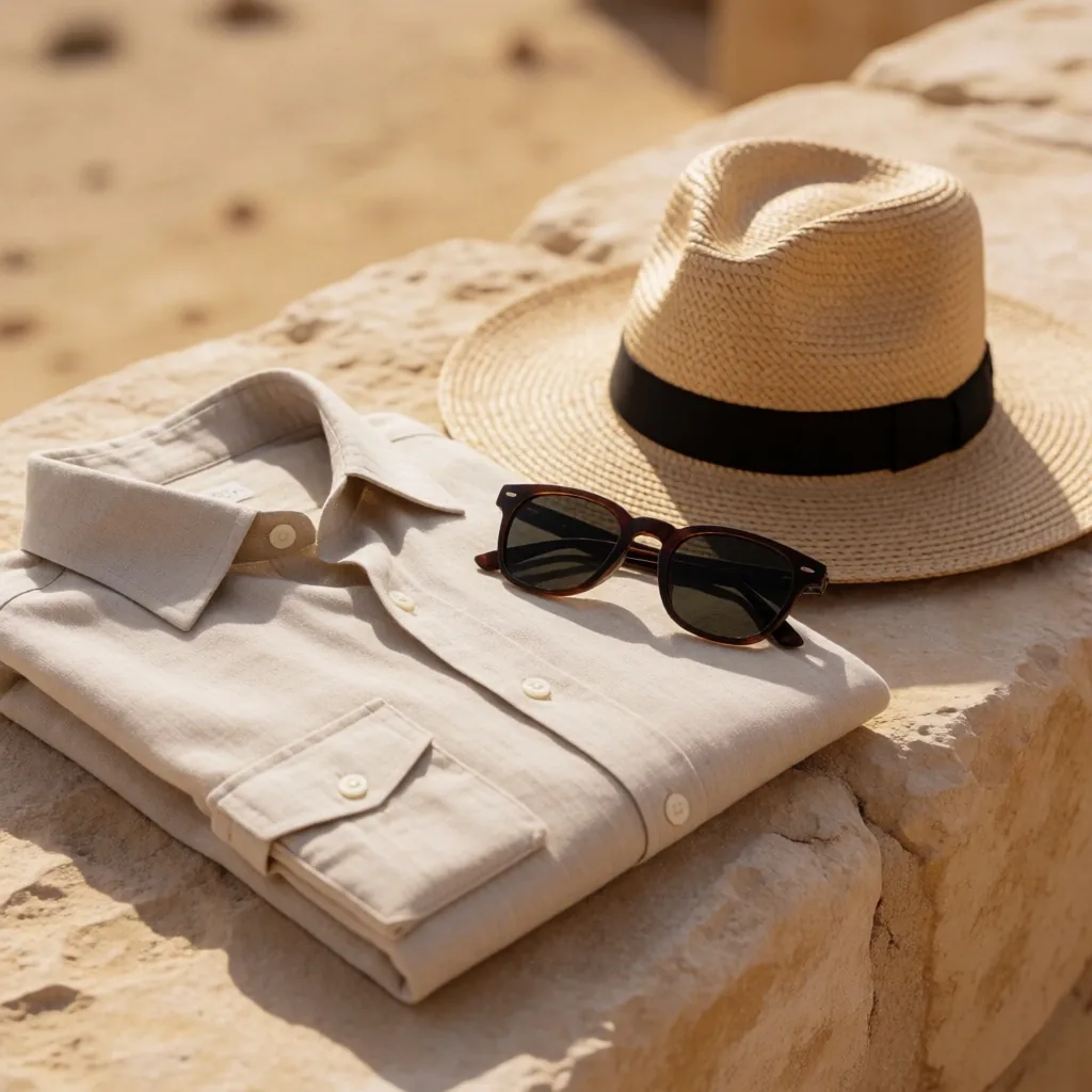 Folded linen clothing and travel accessories on warm stone