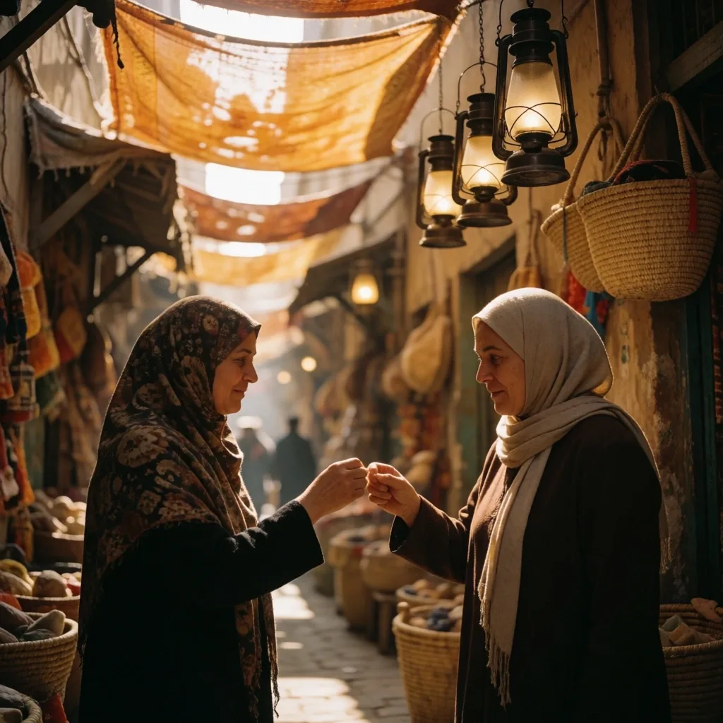 Market scene with two people exchanging a polite greeting