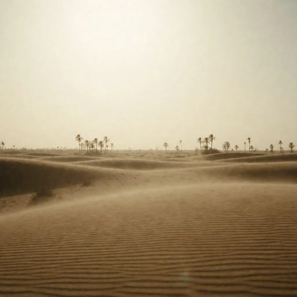 Palm silhouettes against a hazy desert horizon