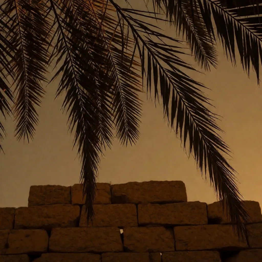 Palm fronds against terracotta sky