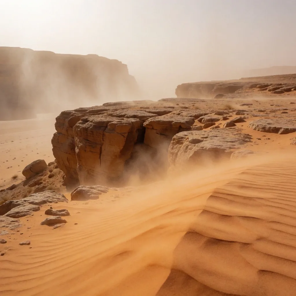 Desert dust blowing across rocky terrain