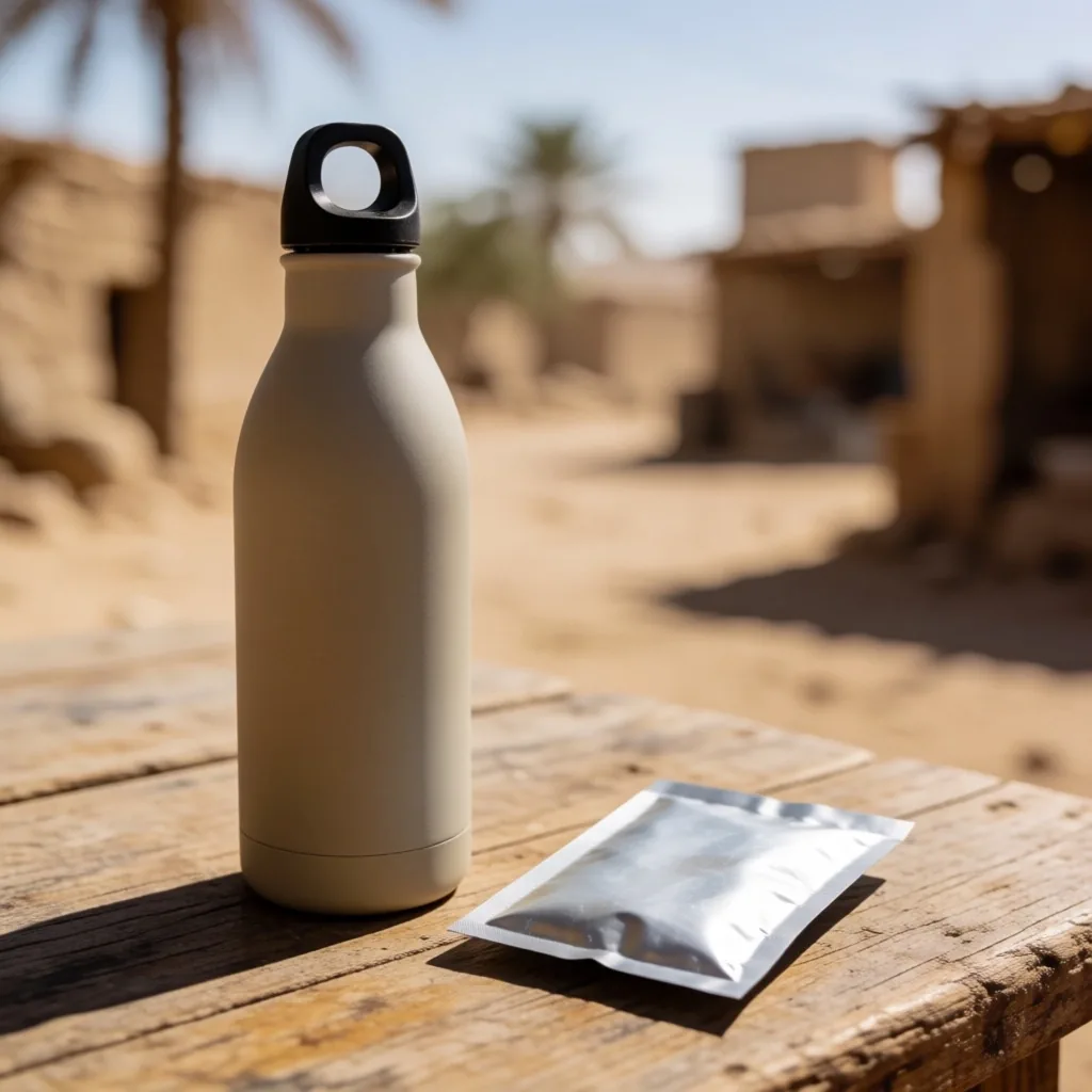 Water bottle and rehydration salts on a wooden surface