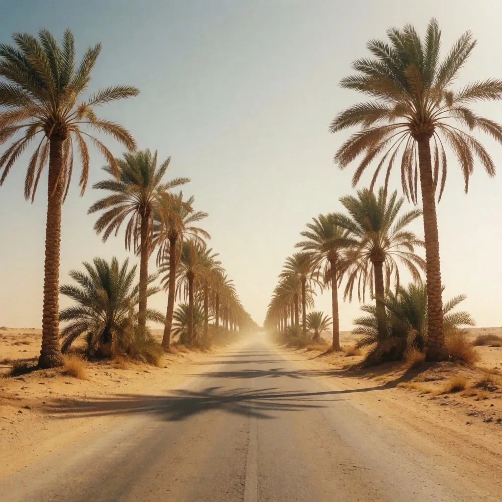 Tall palm trees along an empty coastal road under midday sun