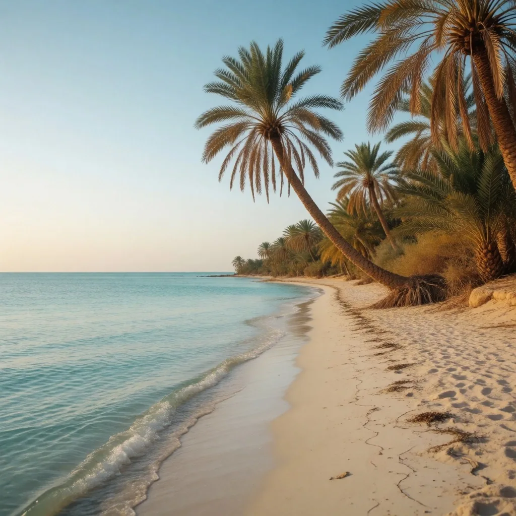 Calm coastal scene in autumn with clear water and palm trees