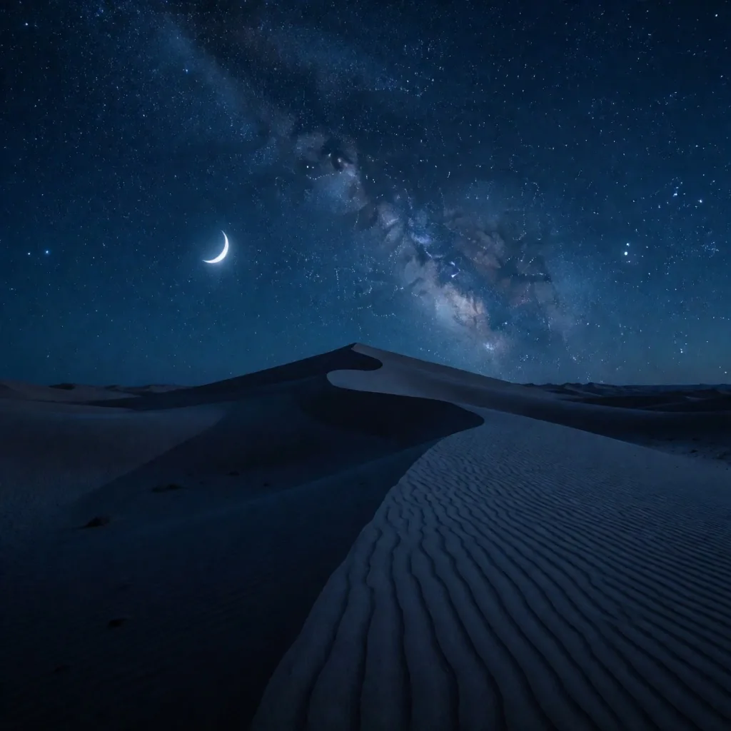 Desert at night under a starry sky with cool blue tones