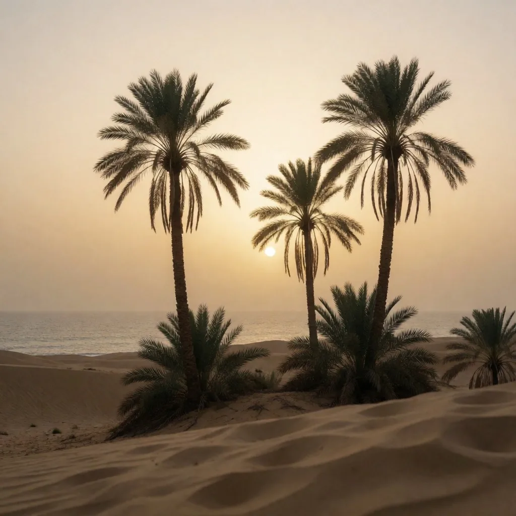 Palm trees against a hazy desert sky near the coast